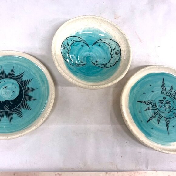Celestial handmade pottery blue crescent moons handcrafted stoneware dish🌛 - Picture 2 of 16